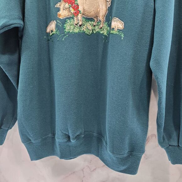 Vintage Sweatshirt Womens Large Green Cow Pig Chickens Farm Upcycled - Picture 9 of 12